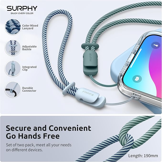 SURPHY 2 Pack Phone Lanyard, Phone Wrist Strap for Case, Camera Wrist Strap | Ultra-Light 2-Color Braided Phone Strap, Cellphone Charm Strap, Anti-Lost Wrist Lanyard for Women and Men, Cloud Blue Green - Image 2