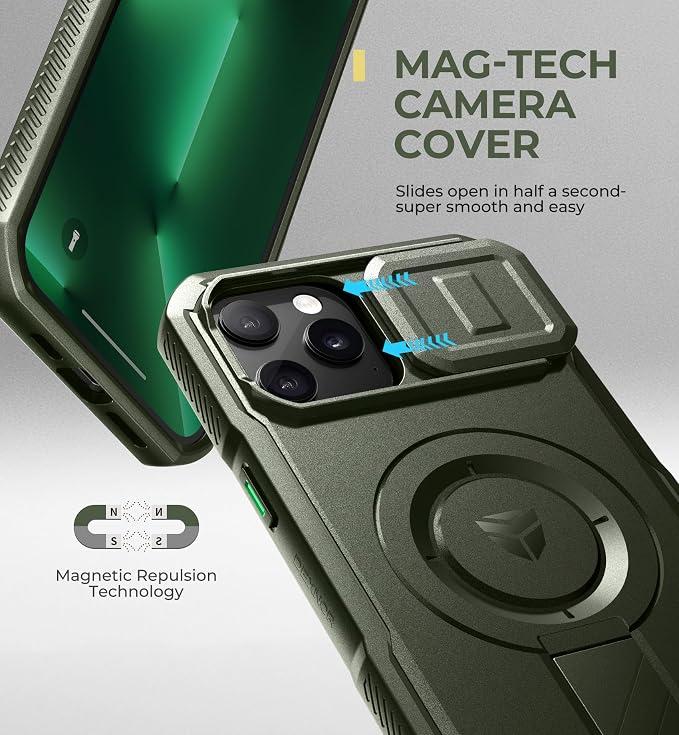 Dexnor for iPhone 13 Pro Max/12 Pro Max Case with Slide Camera Cover & Adjustable Kickstand, Compatible with MagSafe, Rugged Shockproof Bumper Cases Magnetic Protective Cover,6.7 inch,Army Green - Image 4