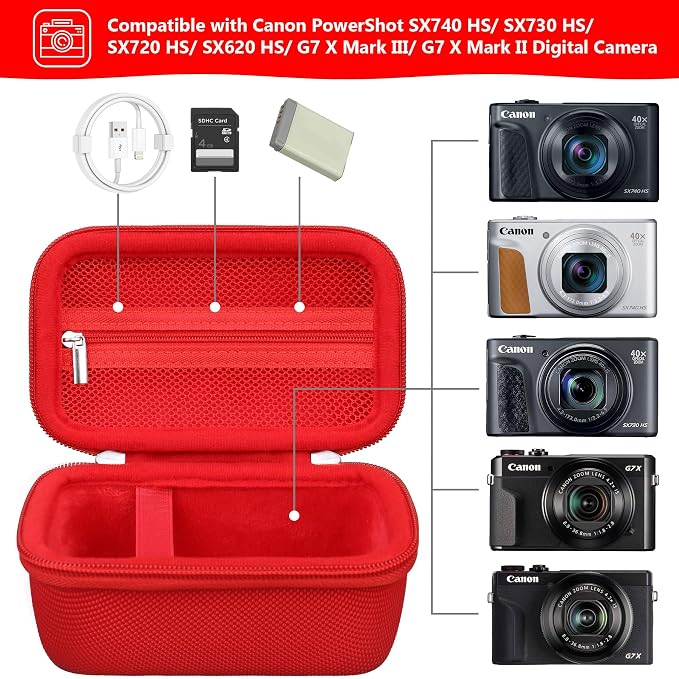 Carrying Case for Canon PowerShot SX740 HS, SX730 HS Camera, Red | SX720 HS, SX620 HS, G7 X Mark III, G7 X Mark II Digital Camera, Storage Holder Travel Bag with Mesh Pocket for Battery Pack - Image 2