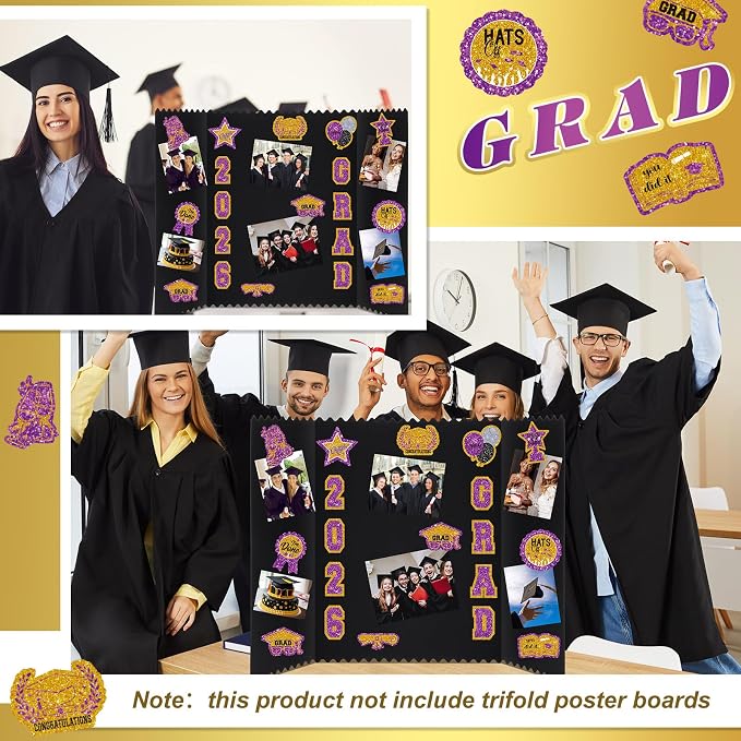 Glenmal 14 Sheets Graduation Photo Display Board Sticker Class of 2026 Purple Gold Picture Display Stickers Accessories for 2026 Grad Party College Board Photo Frame Decor (12x10inch, 8.3x8.3inch) - Image 6
