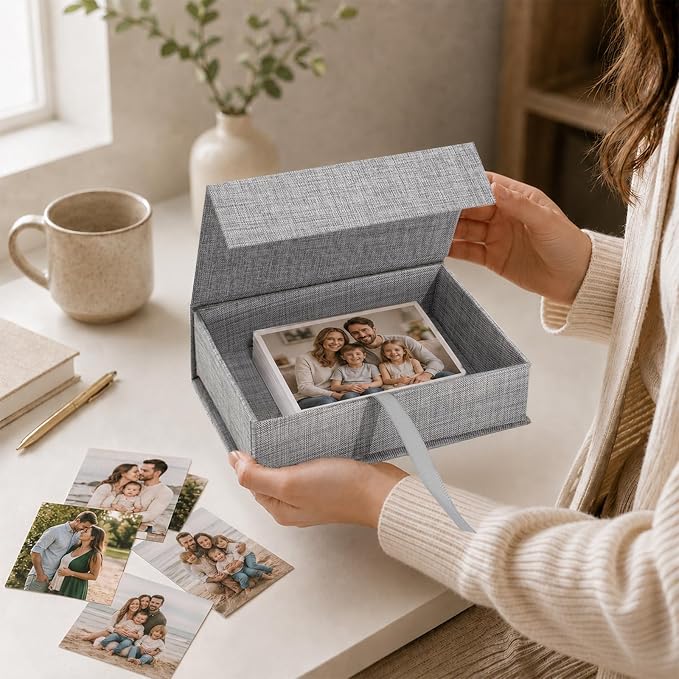 Vienrose Small Photo Storage Box, 5"x7", Linen Postcard Keeper, Gray | 1Pc Sturdy Linen Cover Box for Photos, Postcards & Sticker Storage, Perfect for Home, Office, Craft Room, and Travel - Image 3