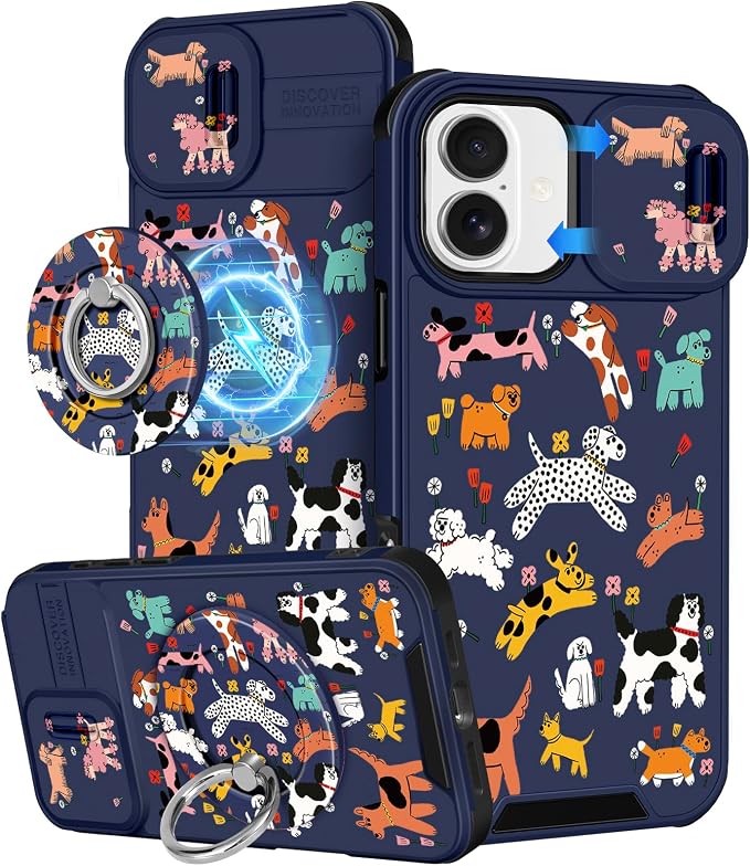 Buleens for iPhone 17 Case 6.3 Inch - with Ring Stand & Camera Cover Aesthetic Cute Designed for Women Girls Girly Cartoon Kawaii Dogs Unique Phone Case for iPhone 17 Compatible with Magsafe by Buleens