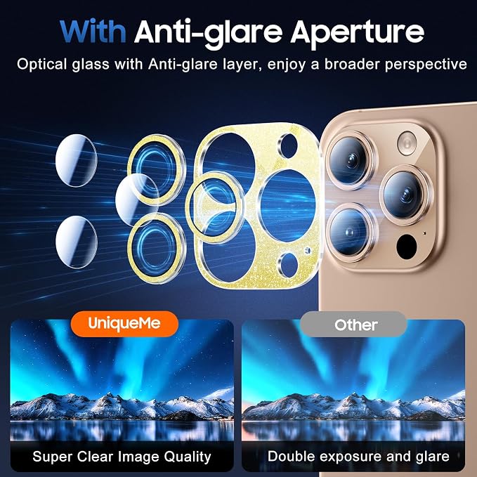 UniqueMe for Phone 16 Pro/16 Pro Max Camera Lens Protector - Glitter Gold | 3 Pack-Drop Protection,Case Friendly,9H Tempered Glass,Camera Cover Screen,Update New Version - Image 4