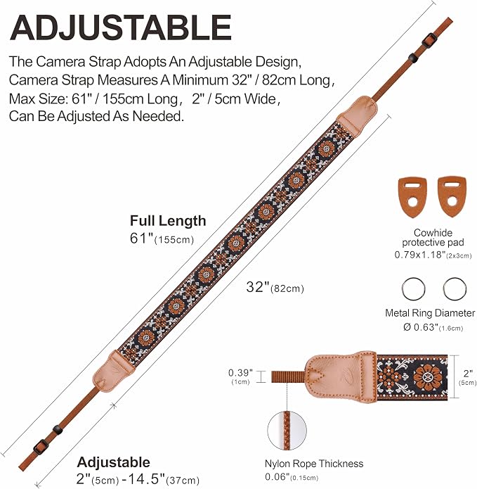 Padwa Lifestyle Brown Flower Camera Strap - 2" Wide Double Layer Cowhide Head Cotton Strap,Vintage Jacquard Embroidery Universal Neck & Shoulder Camera Straps for Photographers and All DSLR Cameras - Image 5