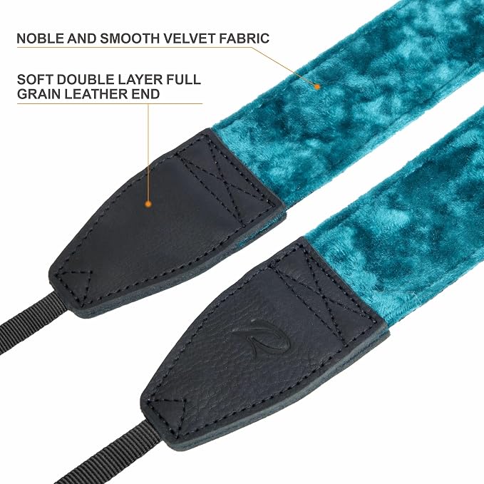 Padwa Lifestyle Peacock Blue Velvet Camera Strap - 2" Double Layer Full Grain Cowhide Leather Head Camera Straps for Photographers,Unique Soft Velvet Fabric with Quick Release fits all Cameras - Image 3