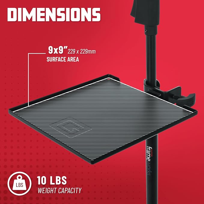 Gator Frameworks Microphone Stand Utility Shelf; 9" x 9" (GFW-SHELF0909) | Steel Tray Secures Accessories with Raised Edges and Clamps to Most Mic Stands 10 lb Weight Capacity - Image 5