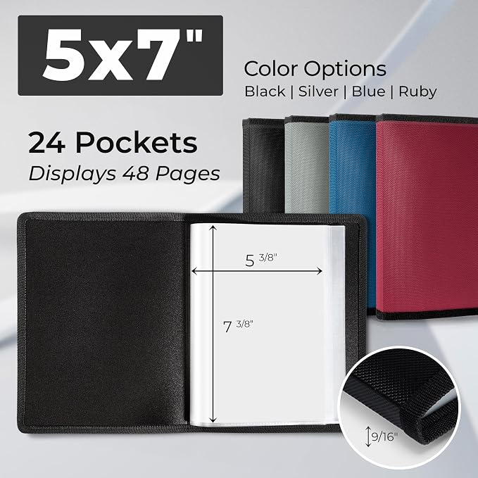 Dunwell 5x7 Photo Album & Art Portfolio Binder, 24 Clear Sleeves, Black | Displays 48 Pages, 24 Clear Sleeves, Black Mounting Paper, Organizer for 5x7 Photos - Image 2