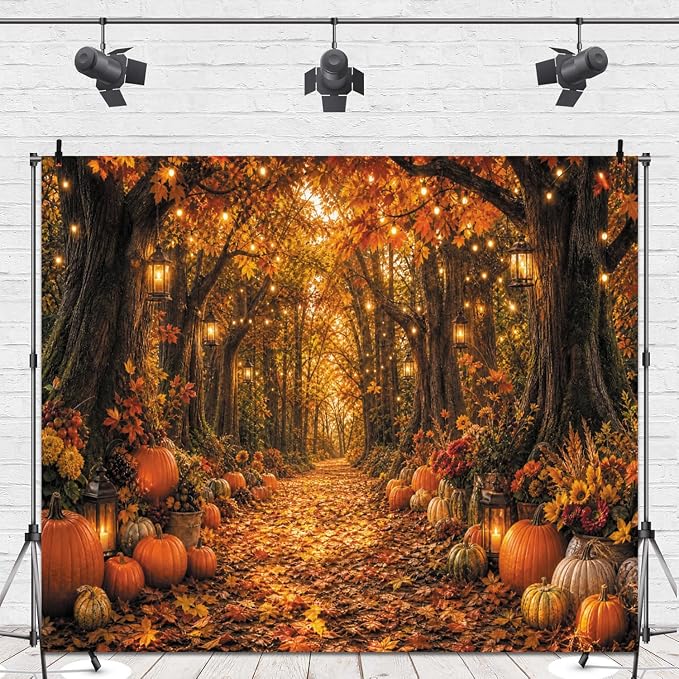 10x8ft Fall Autumn Forest Photography Backdrop Thanksgiving Photo Backdrops | Fall Woodland Pumpkin Maple Leaves Background with Orange Flowers, Thanksgiving Party Decorations Banner Photo Props Vinyl - Image 4