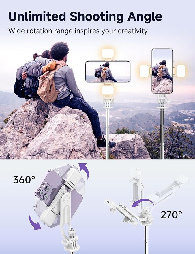 Selfie Stick Tripod with 2 Light, 3 Light Modes & 6 Brightness Levels Extendable Phone Tripod with Detachable Remote & Phone Holder, Portable Camera Tripod Compatible with iphone16 15 14 13/Android - Image 6