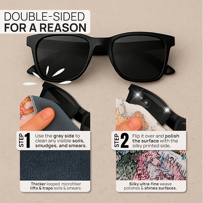 Microfiber Wholesale Quick Cloth Glasses Cleaning Cloths 8x8 World Map | 1-Pack with Case | Double-Sided Lens Cleaner for Eyeglasses, Camera & Screens | Reusable Microfiber Glass Polishing Cloths - Image 3