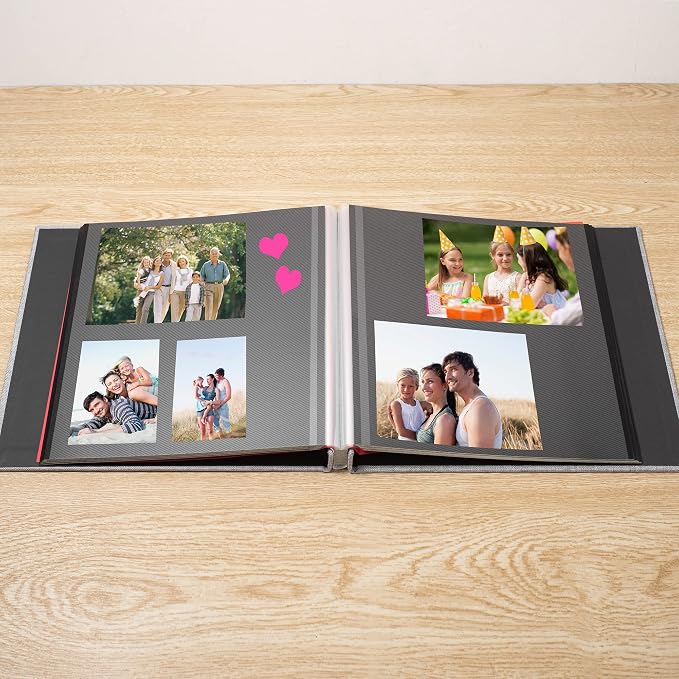Large Photo Album Self Adhesive 4x6 8x10 10x12 13"x12.6" Scrapbook 12.6"x11" Inch 60 Black Sticky Pages Linen Cover Magnetic Photo Album with A Metallic Pen and DIY Stickers(Grey) - Image 3