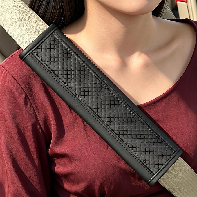Seat Belt Pads Leather Seat Belt Covers More Comfort Driving Cushion Helps Protect Your Neck and Shoulders Suit for Car, Truck, SUV, Airplane,Camera Backpack Straps-2Pcs by JAVMOO
