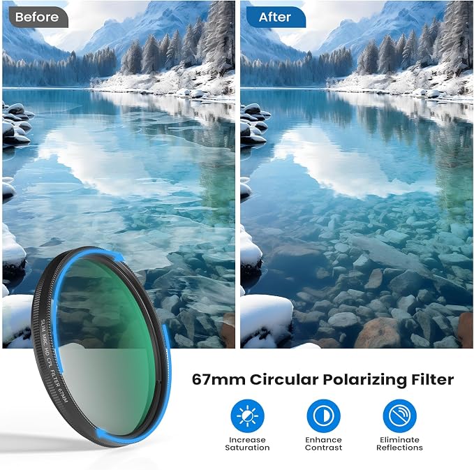 67mm CPL Filter for Phone/DSLR, HD Circular Polarizing Filter | FMC-Coated Lens Attachment with Universal Clip & 58-67mm Camera Adapter Ring for iPhone 17/16/15/14/13/12 & Samsung - Image 2