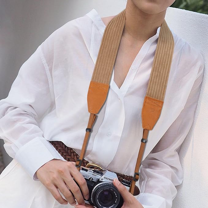 Padwa Lifestyle Camel Corduroy Camera Strap - 2" Double Layer Full Grain Cowhide Leather Head Camera Straps for Photographers, Unique Soft Corduroy Fabric with Quick Release fits all Cameras - Image 7