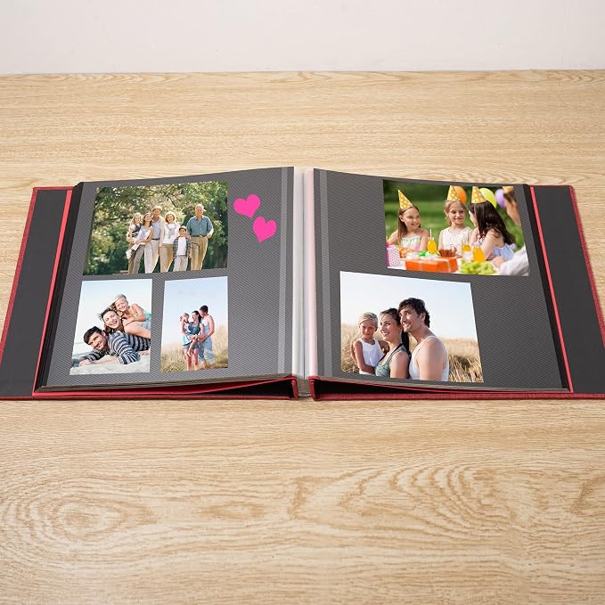 Photo Album Self Adhesive Scrapbook 3x5 4x6 5x7 6x8 Magnetic Album DIY Scrap Book 11x10.6 Inch 40 Black Sticky Pages Linen Cover DIY Photo Album(Red) - Image 3