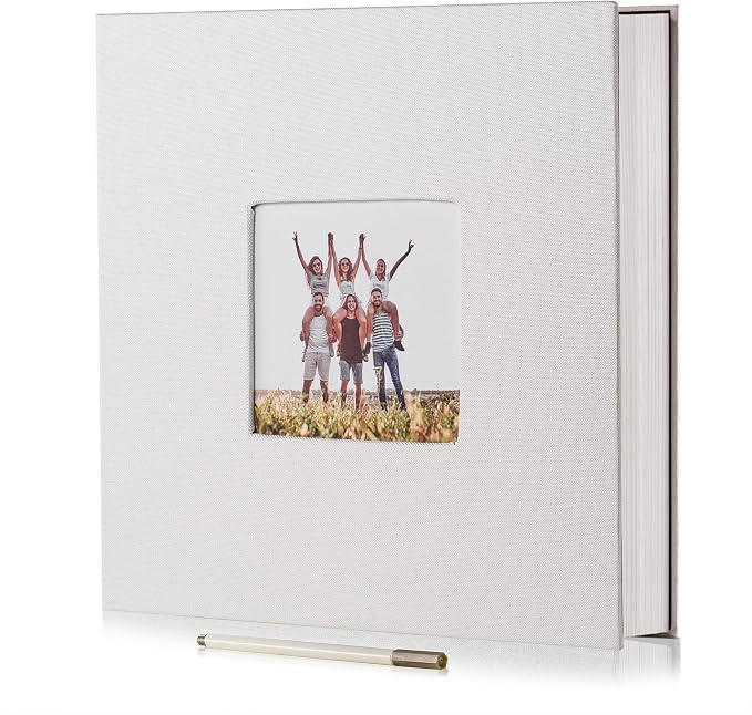 HoneyTolly Large Photo Album Self Adhesive with Picture Display Window, DIY Scrapbook Album for 4x6 8x10 Pictures, 40 Pages Linen Cover Memory Book with Scraper and Metallic Pen(White) by HoneyTolly