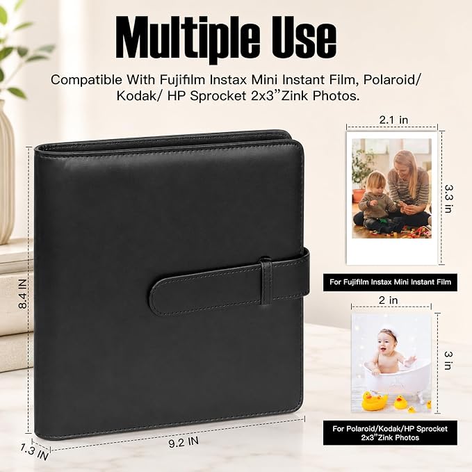 Veicevol 360-Pocket 2x3 Photo Album for Instax Mini and Polaroid, Black | PU Leather Cover Keeps, Fits Instax Mini and Polaroid 2x3 Photos, Protects Travel, Wedding and Family Memories - Image 2