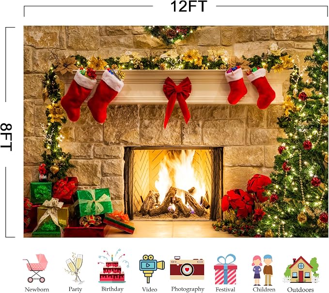 12x8ft Christmas Fireplace Theme Backdrop for Photography | PolyesFabric-Tree Sock Decorations,Xmas Party Supplies,Studio Decor Booth Props,Photo Background Pictures,Wrinkle Free - Image 5