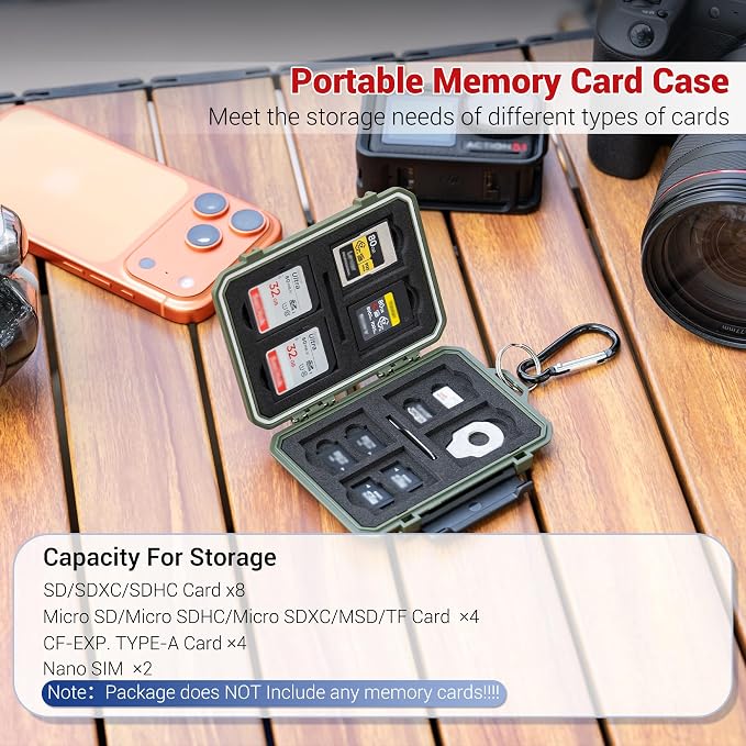 Memory Card Case with 18 Slots, IP67 Waterproof Anti-Shock Travel Camera Memory Card Holder for 8 SD SDHC SDXC Cards & 4 MicroSD TF MSD & 4 CFexpress Type-A Cards & 2 Nano SIM Storage - Green - Image 2