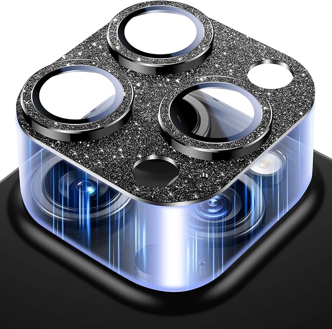 Uyiton for iPhone 16 Pro/iPhone 16 Pro Max Camera Lens Protector | Not Easy to Break, Strong Adsorption, Case-Friendly, Metal 9H Sapphire Glass Rear Camera Screen Cover, Glitter Black by Uyiton