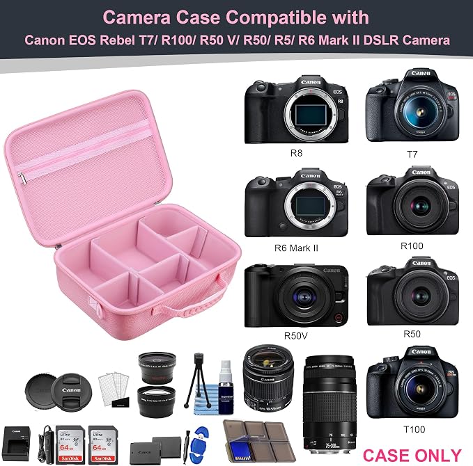 RAIALL Case for Canon EOS Rebel T7/R50/R100/Sony/Nikon D7500 Camera, Pink | for R50V/R8/R10/RP/R7/R6 Mark II/R5 DSLR SLR, Lens, Tripod, Hard Protective Travel Bag with a Shoulder Strap and 5 Dividers - Image 3