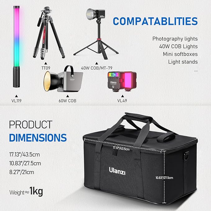 ULANZI Carrying Bag with Movable Foam Padded for Studio Light, Light Stands | Mini Softboxes, Durable Oxford Cloth Transit Bag Travel Case with Shoulder Strap & Handle, 17.13'' x 10.83'' x 8.27'',OM-01 - Image 2