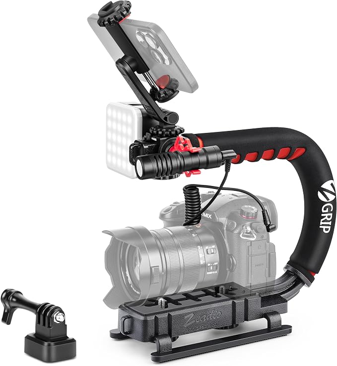 Zeadio Video Handheld Stabilizer, All-in-One Camera Handle Grip Rig Kit with Dimmable LED Video Light, Microphone, Phone Holder, Action Camera Adapter for Filmmaking Vlogging YouTube TikTok etc by Zeadio