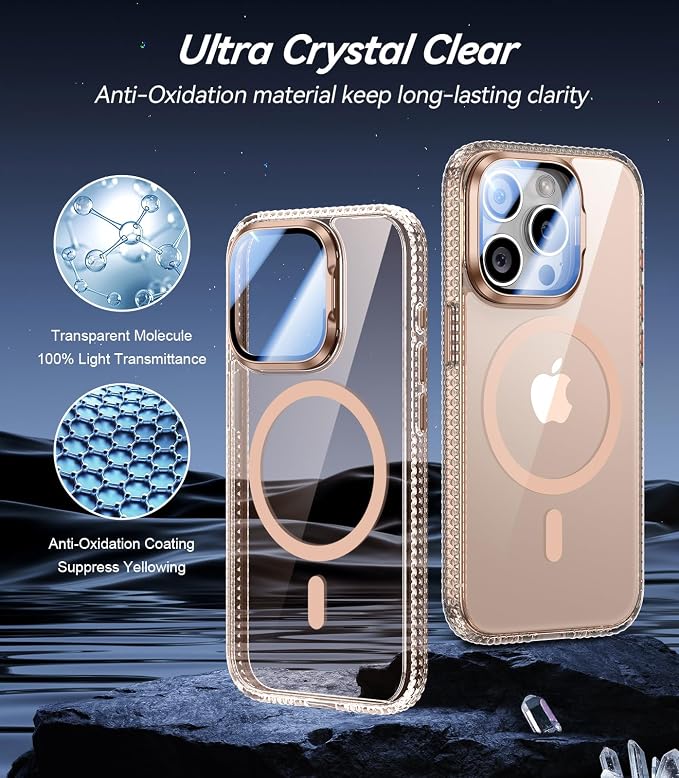 VOFATA [Upgraded] for iPhone 15 Pro Case with Camera Cover Stand [Fit for MagSafe][9H Camera Lens Protector] Mil-Grade Protection Transparent Magnetic iPhone 15 Pro Phone Case, Clear Gold - Image 4