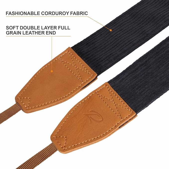 Padwa Lifestyle Corduroy Camera Strap - 2" Double Layer Full Grain Cowhide Leather Head Camera Straps for Photographers, Unique Soft Corduroy Fabric with Quick Release fits all Cameras -Black - Image 2