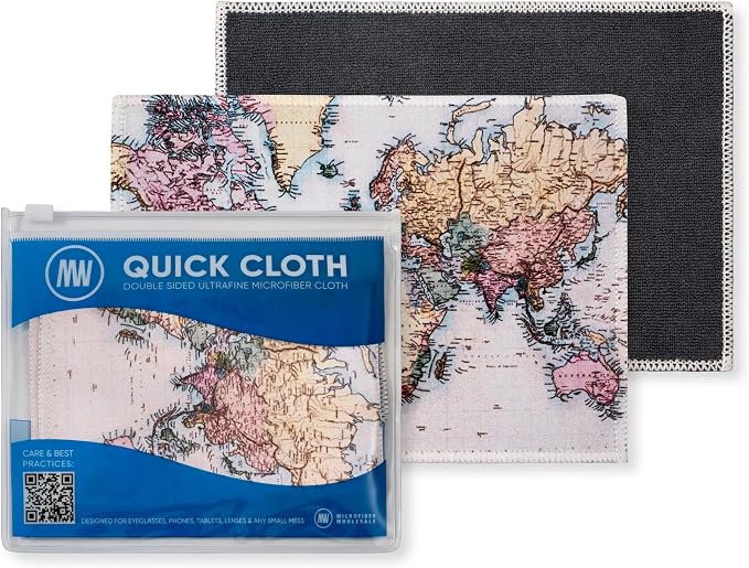 Microfiber Wholesale Quick Cloth Glasses Cleaning Cloths 5x7 World Map | 2-Pack with Case | Double-Sided Lens Cleaner for Eyeglasses, Camera & Screens | Reusable Microfiber Glass Polishing Cloths by MicrofiberWholesale