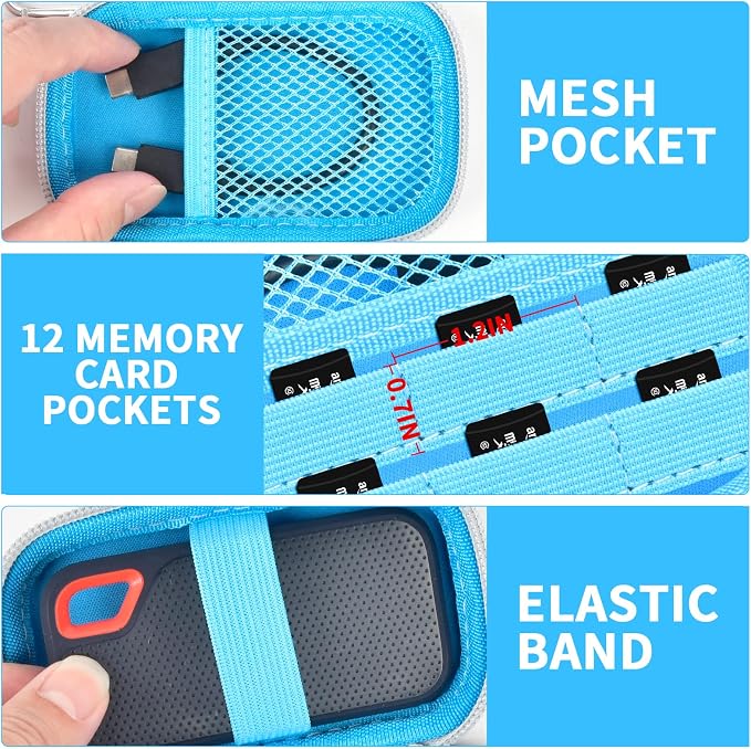 PAIYULE Hard Case for SanDisk Extreme Portable SSD & PRO,SD Card Pocket | Fits 250GB, 500GB, 1TB, 2TB and 4TB SSDs, with SD Card Pocket,Elastic Strap,Mesh Pocket and Carabiner, Case Only Lightblue - Image 4