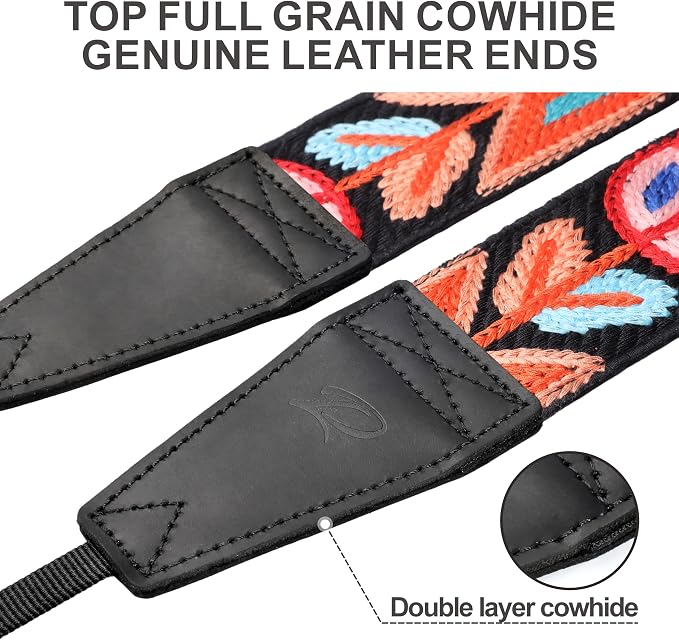 Padwa Lifestyle Colorful Crochet Camera Strap - 2" Full Grain Leather Ends Camera Straps for Photographers, Vintage Woven Cotton Soft Suede Fabric Padded Strap with Quick Release fits All Cameras - Image 2