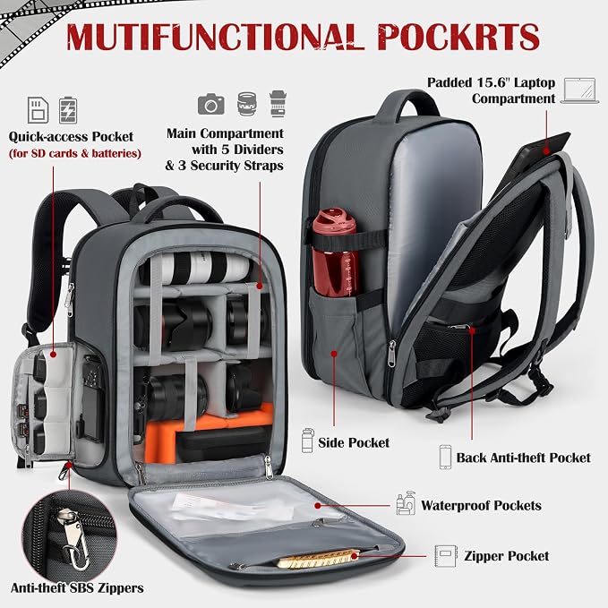 SDYSM Camera Backpack, Hardshell DSLR/SLR Camera Bag with Lens Pouch & 15.6" Laptop Compartment Waterproof Camera Case with Rain Cover Photography Backpack Compatible for Canon/Nikon/Sony/Drone,Gray - Image 2