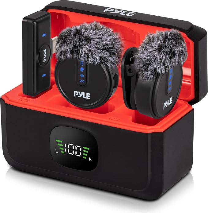 Pyle Wireless Lavalier Microphone System | Noise-Canceling Clip-On Mic with Magnetic Mount, 8H Battery, Charging Case, Windscreens | USB-C Plug & Play for Vlogging, Interviews, Streaming & Podcasts by PyleUSA