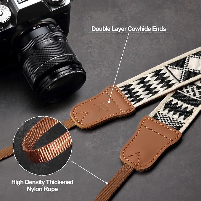 Padwa Lifestyle Diamonds Camera Strap - 1.5" Crazy Horse Cowhide Ends Camera Straps for Photographers, Cute Cotton Weave Soft Suede Fabric Padded Strap fits All Cameras for Adults & Kids - Image 5