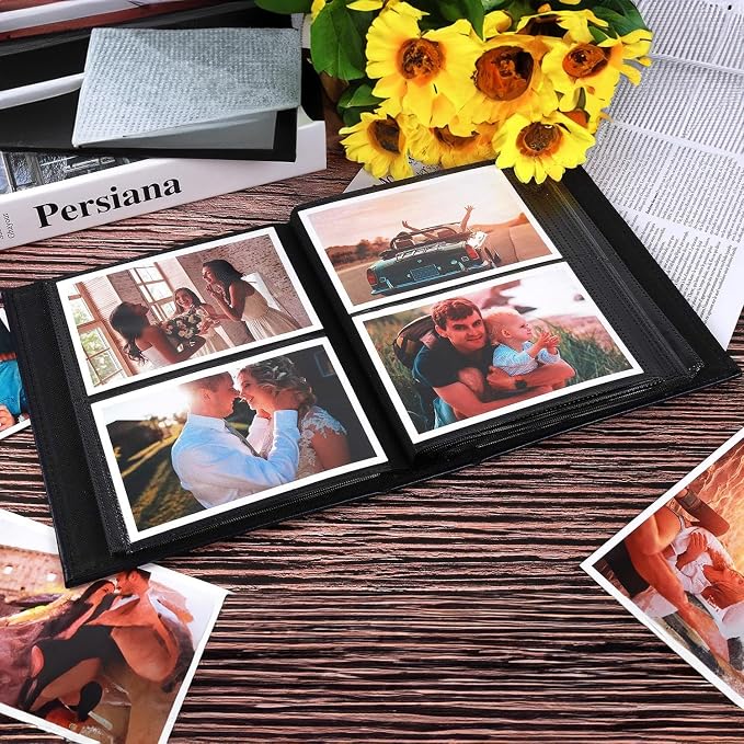 RECUTMS Photo Album 4x6 Pictures 200 Pockets Leather Wedding Albums Black | Black Page, Horizontal Pockets, Slide In Photo Album for Anniversary, Family, Small Graduation Photobook, DIY Cover Window - Image 3