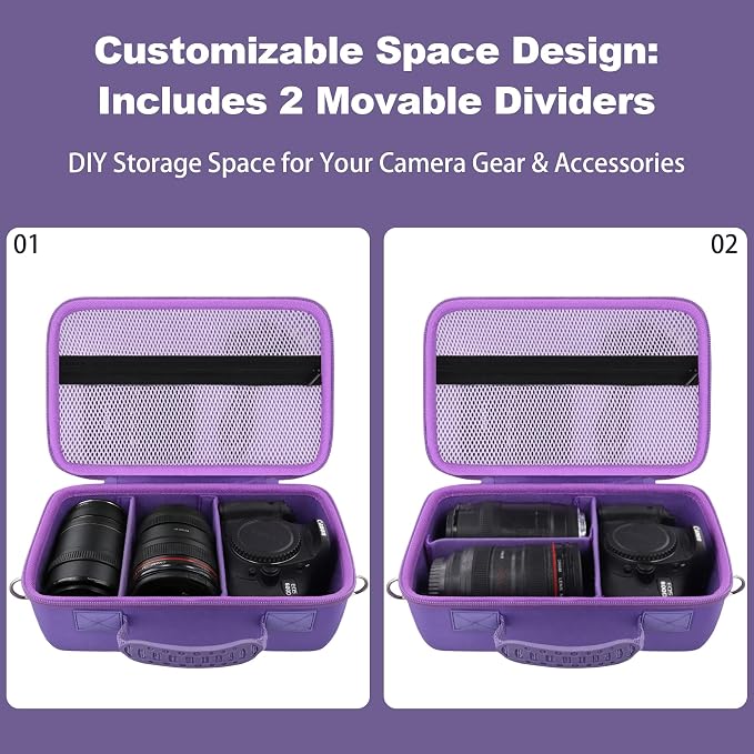 khanka Camera Case for Canon EOS Rebel R6 V/T7/T100/T6/R50/R100/R5/R7/R8/R6 Mark II/SL3 DSLR Camera,Travel Carrying Case for Canon EOS Rebel Camera and 18-55mm/18-45mm Lens(Purple Case Only) - Image 4