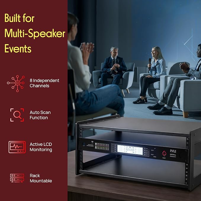 Pyle 8 Channel UHF Wireless Conference Microphone System with 8 Lavalier & 8 Headset Mics, 300 Ft Range, Rack Mount Receiver & 100 Selectable Frequencies for Meetings & Events - Image 3