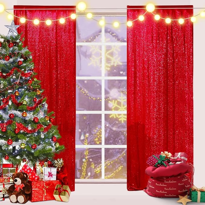 Poise3EHome Red Sequin Backdrop Curtain, 2 Panels 2Ft x 8Ft Glitter Photography Back Drop for Wedding Birthday Christmas Valentines Day Carnival Party Decorations - Image 2