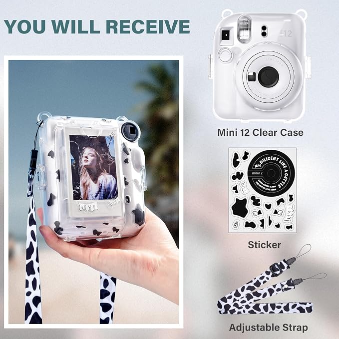 Rieibi Clear Case Compatible with Fuji Instax Mini 12, Carrying Case Bag for Fujifilm Instax Mini 12 Instant Camera with Photo Storage Pocket, Strap and Cute Sticker - Milk - Image 5