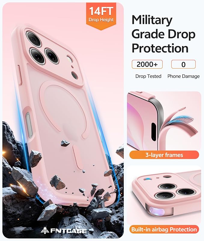 FNTCASE for iPhone 17 Pro Case, Fit for Magsafe, Screen Protector | Full Camera Protection, Translucent Matte, 14FT Military Grade Drop Proof, Shockproof Protective Phone Cover, Light Pink - Image 6