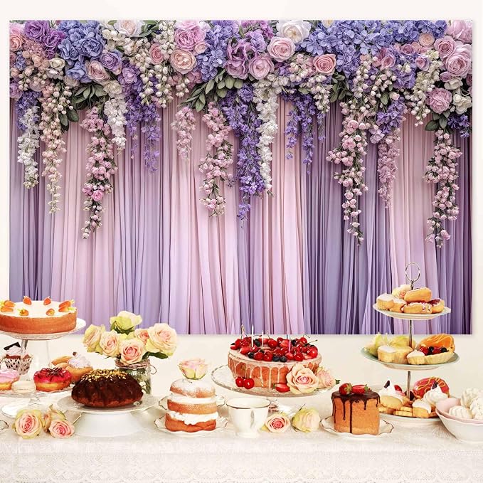 5x3ft Purple Flower Wedding Photography Backdrop Lavender Floral Wedding Bridal Photography Backdrop Anniversary Birthday Baby Shower Girl Party Banner Photo Booth Props Background Wall Decor - Image 2