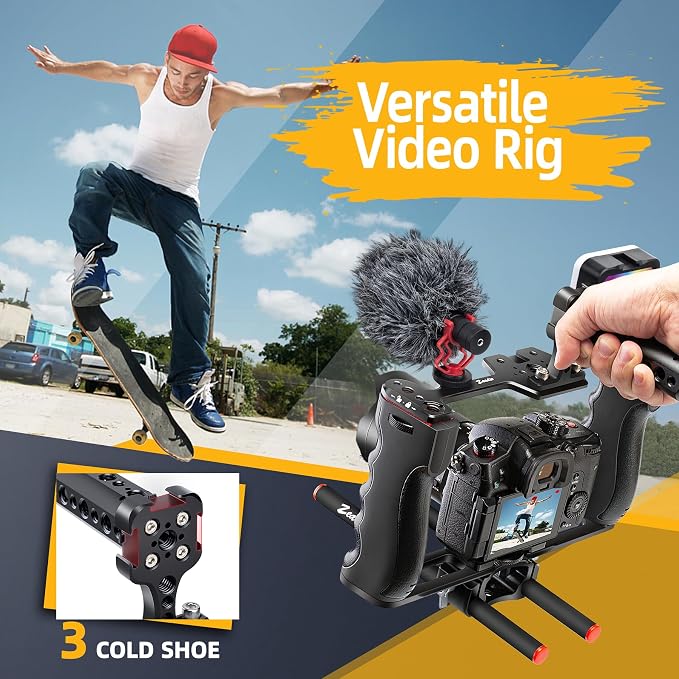 Zeadio All-in-One Video Rig Kit, Aluminum Handheld Camera Cage with RGB Video Light, Microphone, Top Handle,15mm Rod Guide, Extension Rods & Carrying Case for Filmmaking Vlogging Recording etc - Image 5