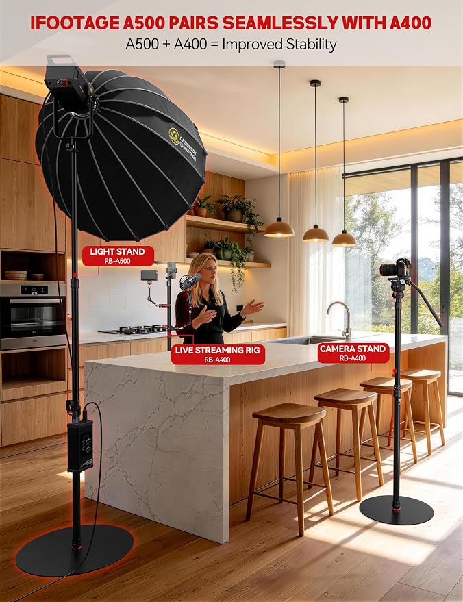 iFootage RB-A500 Heavy Duty Round Base Light Stand 79" Monopod | Telescoping Monopod with 22lbs/10kg Load Capacity, Space-Saving Tripod Alternative for Camera Video Light LED Panel Streaming - Image 2