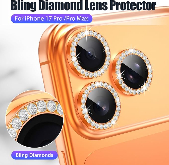 AGVEE 3+3 6 Pack for iPhone 17 Pro & Max Camera Lens Protector Cover | Individual Bling Diamond & Bling Glitter Sparkle Cute Gem Metal Ring, 9H Tempered HD Glass - Image 4