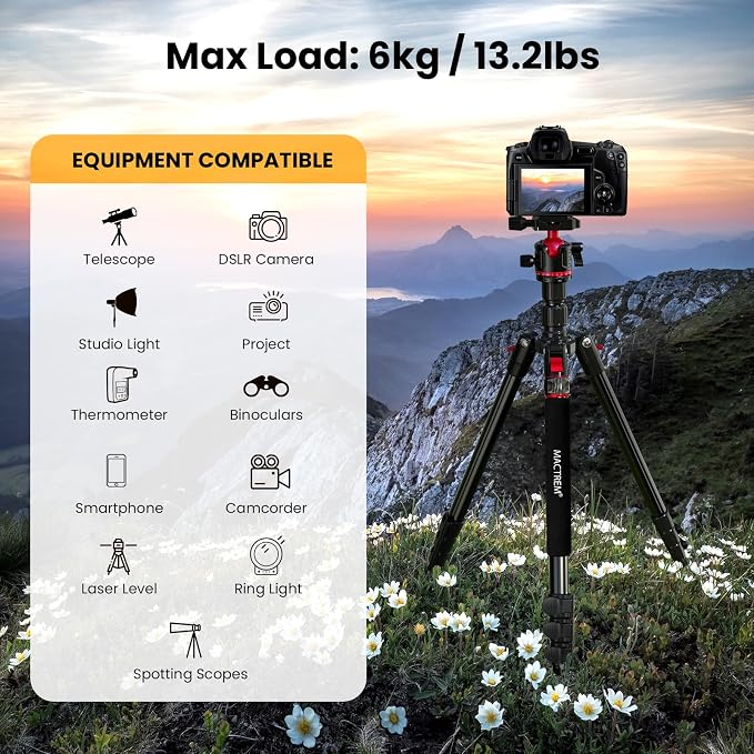 MACTREM Heavy Duty Aluminum Camera Tripod 67" Travel Monopod 360° Ball Head | Lightweight 2.6lb Load13lb Folds 16.5", Phone Holder 74" Height Monopod DSLR Smartphone Tablet Projector IPad Binoculars - Image 4