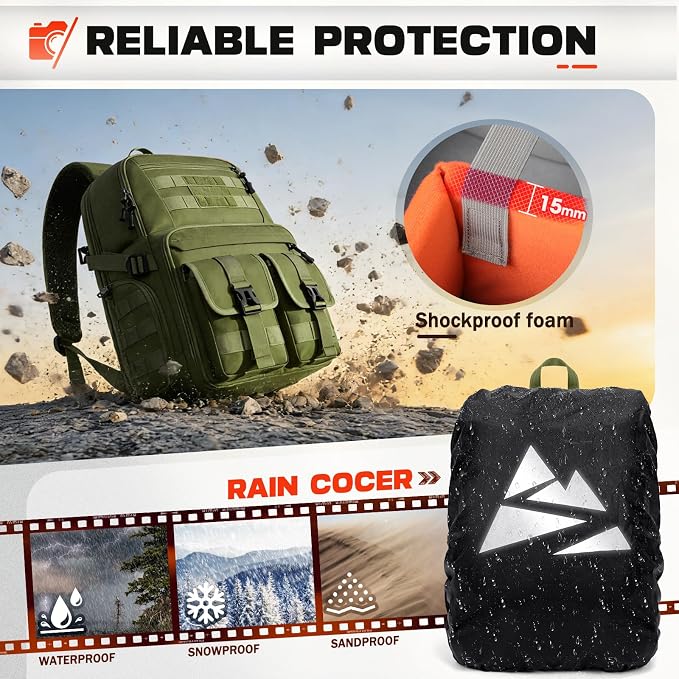 RAINSMORE Camera Backpack, DSLR/SLR/Mirrorless Camera Bag for Photographers | 15.6 Inch, Waterproof Tactical Photography Backpack Case, with Rain Cover & Tripod Holder - Image 5