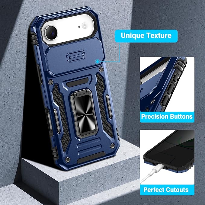 VEGO for iPhone Air Case with Stand and Slide Camera Cover Blue | Privacy Tempered Glass Screen Protector & Ring Kickstand Military Grade Heavy Duty Protection Cover for iPhone 17Air - Blue - Image 7