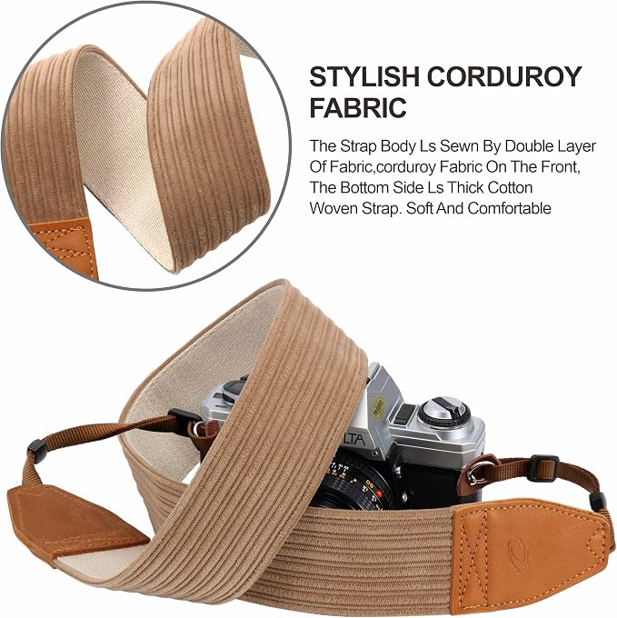 Padwa Lifestyle Camel Corduroy Camera Strap - 2" Double Layer Full Grain Cowhide Leather Head Camera Straps for Photographers, Unique Soft Corduroy Fabric with Quick Release fits all Cameras - Image 3