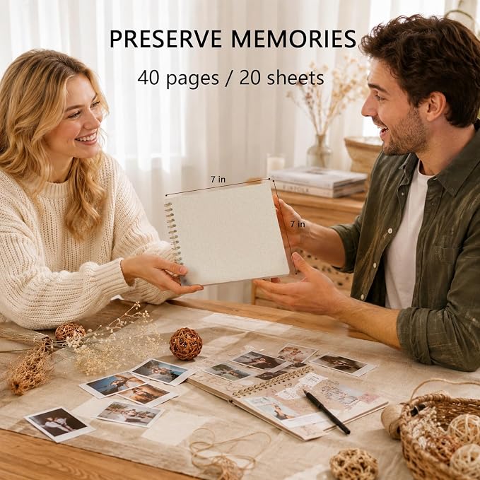 7x7 Inch Scrapbook DIY Photo Album, 20 Sheets (40 Pages), Beige | Linen Hardcover, Lay Flat Customizable, Memory for Wedding Guest Book, Family Travel, Polaroid Storage - Image 2